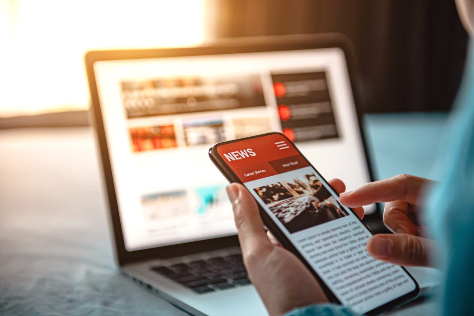 Online news on a smartphone. Mockup website. Woman reading news