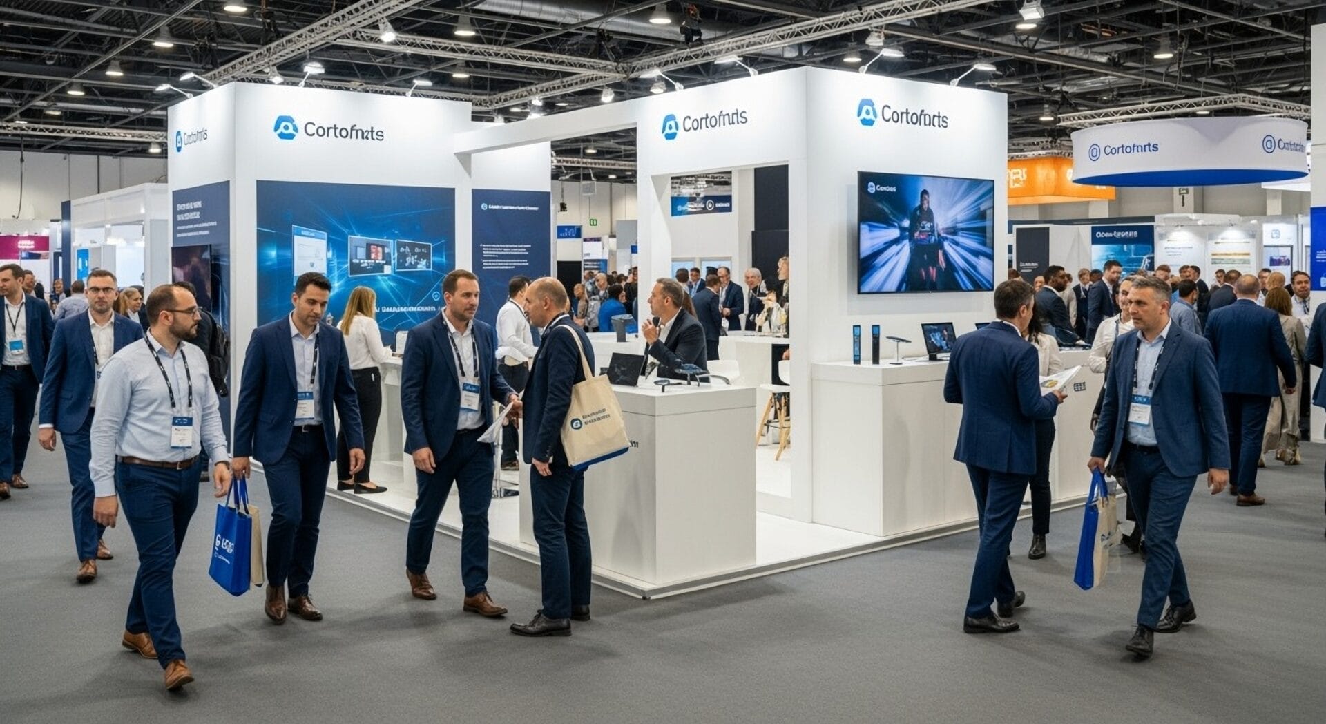 Tradeshow,Event,Business,People,Walking,Around,With,Trade,Show,Booth.